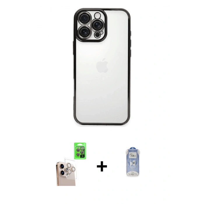 MARSİLYAN™- iPhone 16 Pro Max Kılıf Vadi Minimal - Siyah Joko Magic 5D Cam + Natural Grey Raze Metal Kamera Lens