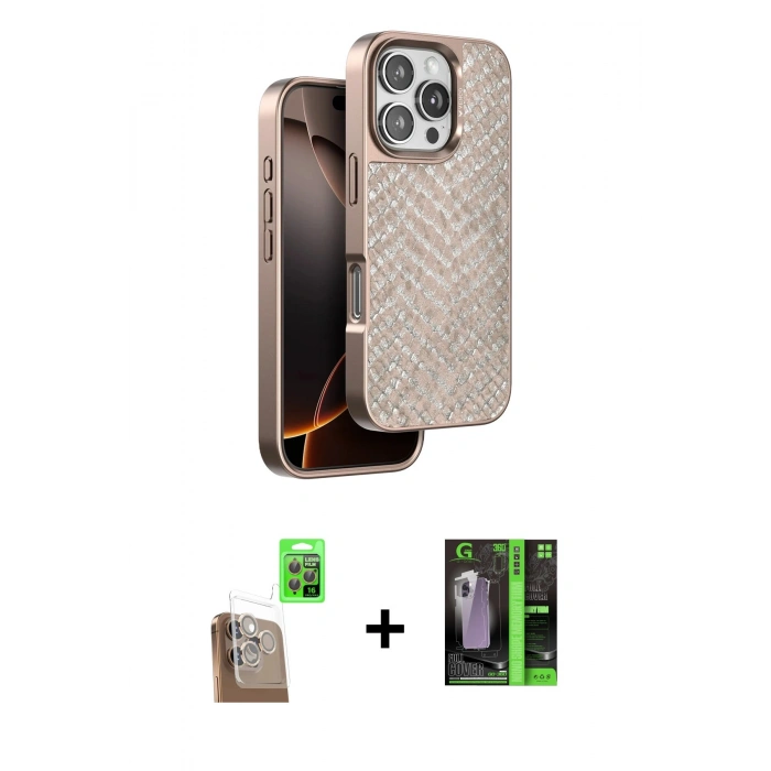 MARSİLYAN™- iPhone 16 Pro Max Kılıf Vadi Özel Seri - Şeffaf 360 Full Body Arka Koruyucu + Çöl Titanyum Raze Metal Kamera Lens