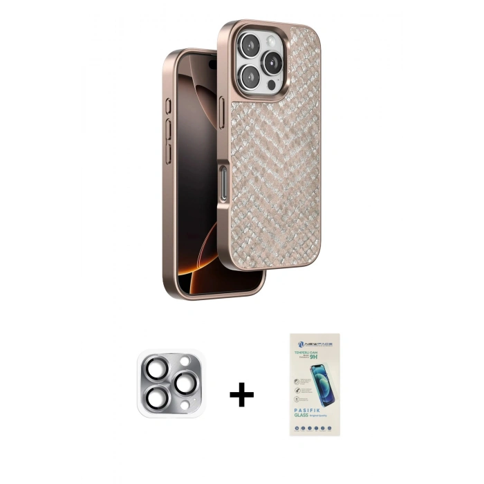MARSİLYAN™- iPhone 16 Pro Max Kılıf Vadi Özel Seri - Şeffaf Pasifik Cam Ekran Koruyucu + Gri Pers Alüminyum Kamera Lens