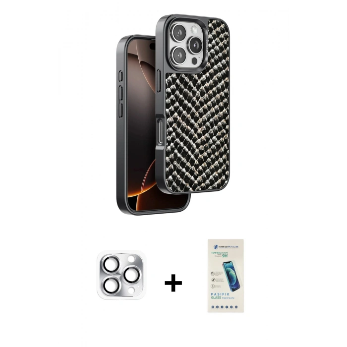 MARSİLYAN™- iPhone 16 Pro Max Kılıf Vadi Özel Seri - Şeffaf Pasifik Cam Ekran Koruyucu + Gümüş Pers Alüminyum Kamera Lens