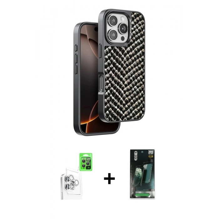 MARSİLYAN™- iPhone 16 Pro Max Kılıf Vadi Özel Seri - Siyah 360 Mat Full Body Arka Koruyucu + Raze Metal Kamera Lens - BZ