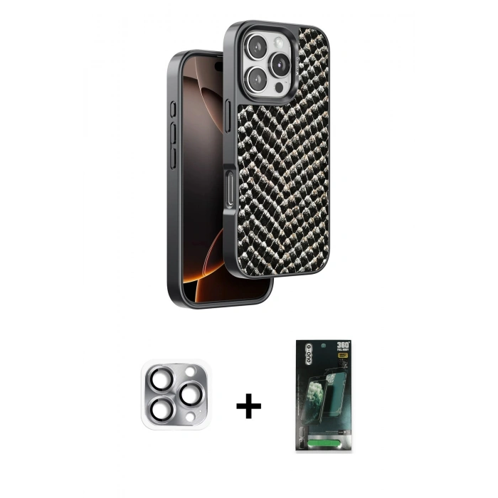MARSİLYAN™- iPhone 16 Pro Max Kılıf Vadi Özel Seri - Siyah 360 Mat Full Body Arka Koruyucu + Pers Alüminyum Kamera Lens - GI