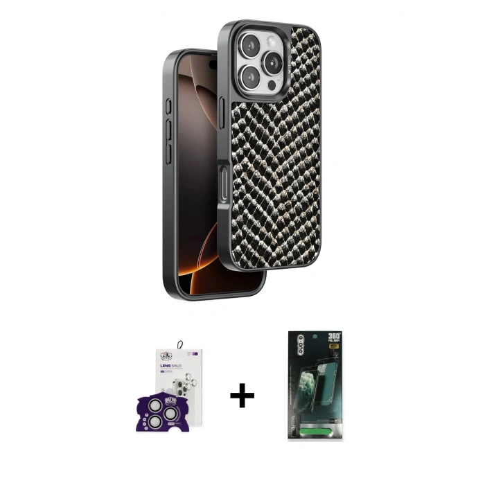 MARSİLYAN™- iPhone 16 Pro Max Kılıf Vadi Özel Seri - Siyah 360 Mat Full Body Arka Koruyucu + Bilvis Titan Kamera Lens - GS