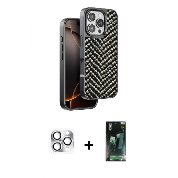 MARSİLYAN™- iPhone 16 Pro Max Kılıf Vadi Özel Seri - Siyah 360 Mat Full Body Arka Koruyucu + Gümüş Pers Alüminyum Kamera Lens