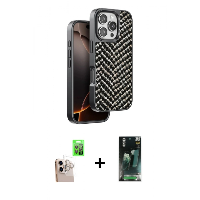 MARSİLYAN™- iPhone 16 Pro Max Kılıf Vadi Özel Seri - Siyah 360 Mat Full Body Arka Koruyucu + Raze Metal Kamera Lens - NLGY