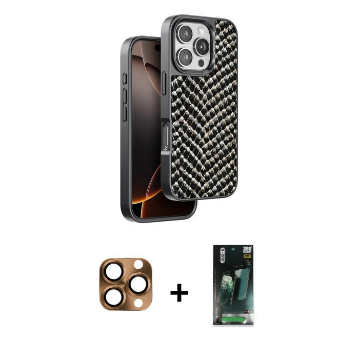 MARSİLYAN™- iPhone 16 Pro Max Kılıf Vadi Özel Seri - Siyah 360 Mat Full Body Arka Koruyucu + Pers Alüminyum Kamera Lens - CLTM