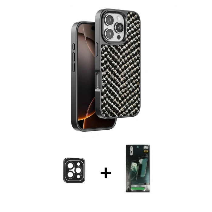 MARSİLYAN™- iPhone 16 Pro Max Kılıf Vadi Özel Seri - Siyah 360 Mat Full Body Arka Koruyucu + PVD Metal Kamera Lens - SH