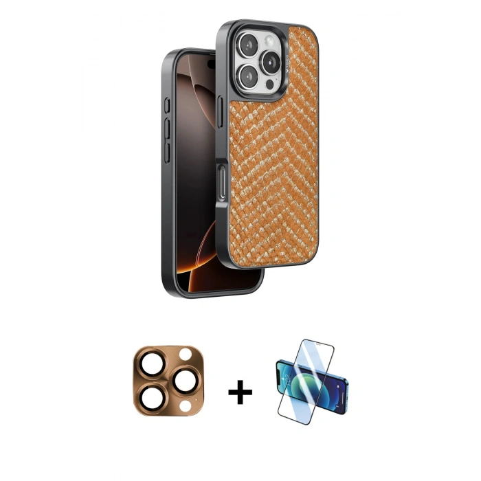 MARSİLYAN™- iPhone 16 Pro Max Kılıf Vadi Özel Seri - Siyah 3D Antistatik Cam Ekran Koruyucu + Pers Alüminyum Kamera Lens - CLTM