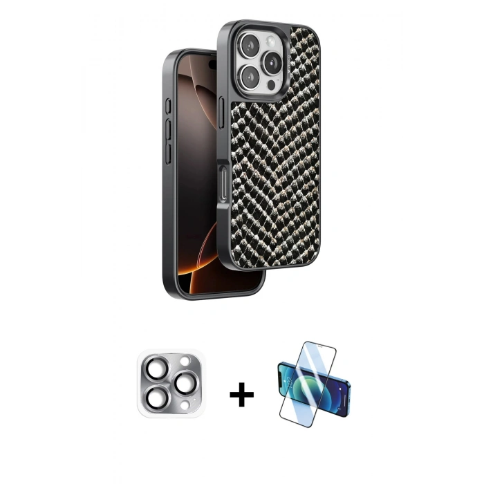 MARSİLYAN™- iPhone 16 Pro Max Kılıf Vadi Özel Seri - Siyah 3D Antistatik Cam Ekran Koruyucu + Pers Alüminyum Kamera Lens - GI