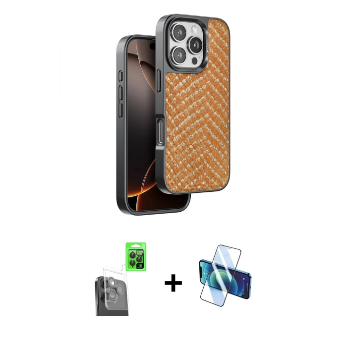 MARSİLYAN™- iPhone 16 Pro Max Kılıf Vadi Özel Seri - Siyah 3D Antistatik Cam Ekran Koruyucu + Raze Metal Kamera Lens - SH