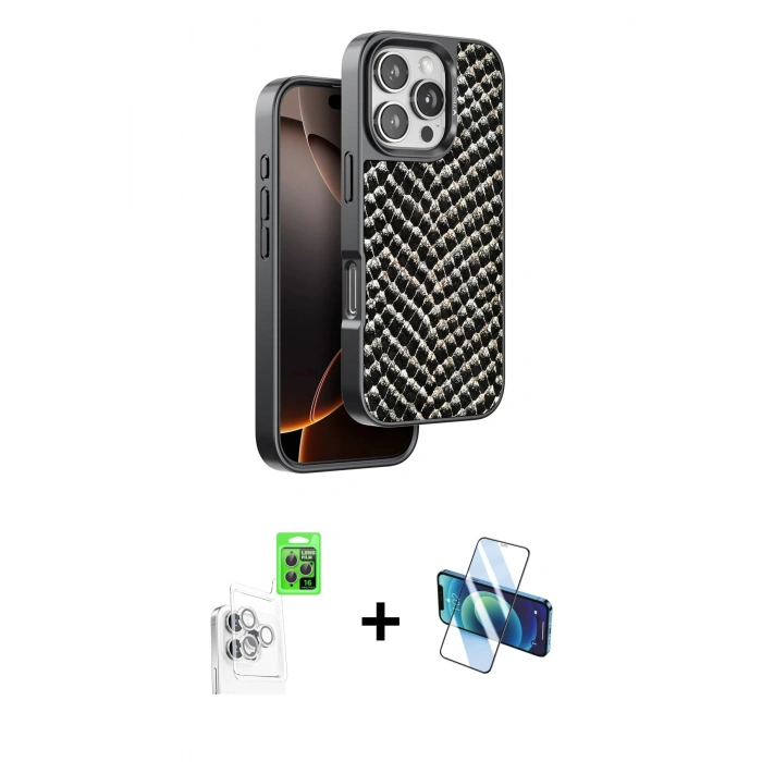 MARSİLYAN™- iPhone 16 Pro Max Kılıf Vadi Özel Seri - Siyah 3D Antistatik Cam Ekran Koruyucu + Raze Metal Kamera Lens - BZ