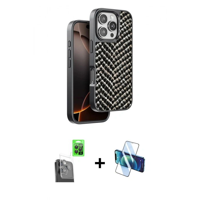 MARSİLYAN™- iPhone 16 Pro Max Kılıf Vadi Özel Seri - Siyah 3D Antistatik Cam Ekran Koruyucu + Raze Metal Kamera Lens - SH