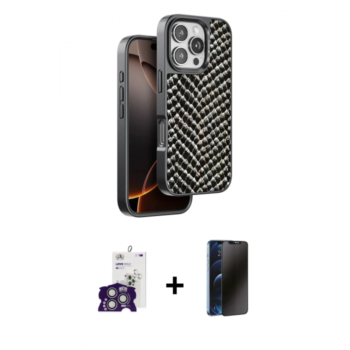 MARSİLYAN™- iPhone 16 Pro Max Kılıf Vadi Özel Seri - Siyah 3D Antistatik Hayalet Cam Ekran Koruyucu + Bilvis Titan Kamera Lens - GS