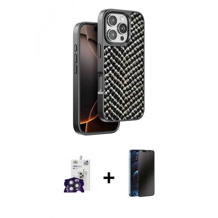 MARSİLYAN™- iPhone 16 Pro Max Kılıf Vadi Özel Seri - Siyah 3D Antistatik Hayalet Cam Ekran Koruyucu + Bilvis Titan Kamera Lens - TMGI