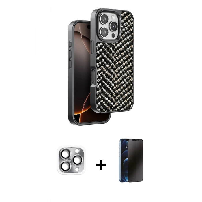 MARSİLYAN™- iPhone 16 Pro Max Kılıf Vadi Özel Seri - Siyah 3D Antistatik Hayalet Cam Ekran Koruyucu + Pers Alüminyum Kamera Lens - GI