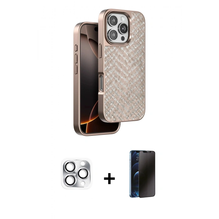 MARSİLYAN™- iPhone 16 Pro Max Kılıf Vadi Özel Seri - Siyah 3D Antistatik Hayalet Cam Ekran Koruyucu + Pers Alüminyum Kamera Lens - GS