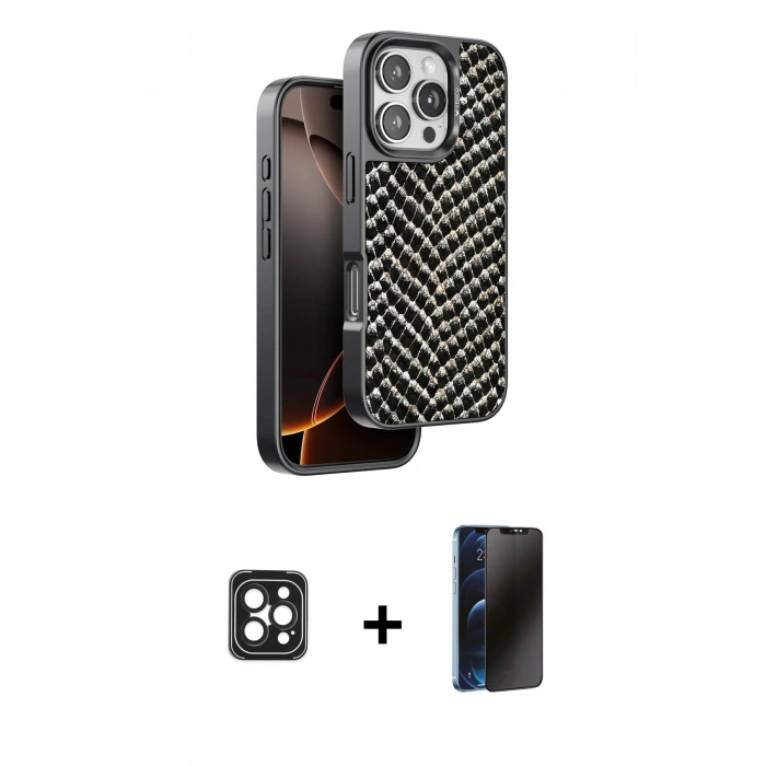 MARSİLYAN™- iPhone 16 Pro Max Kılıf Vadi Özel Seri - Siyah 3D Antistatik Hayalet Cam Ekran Koruyucu + PVD Metal Kamera Lens - SH
