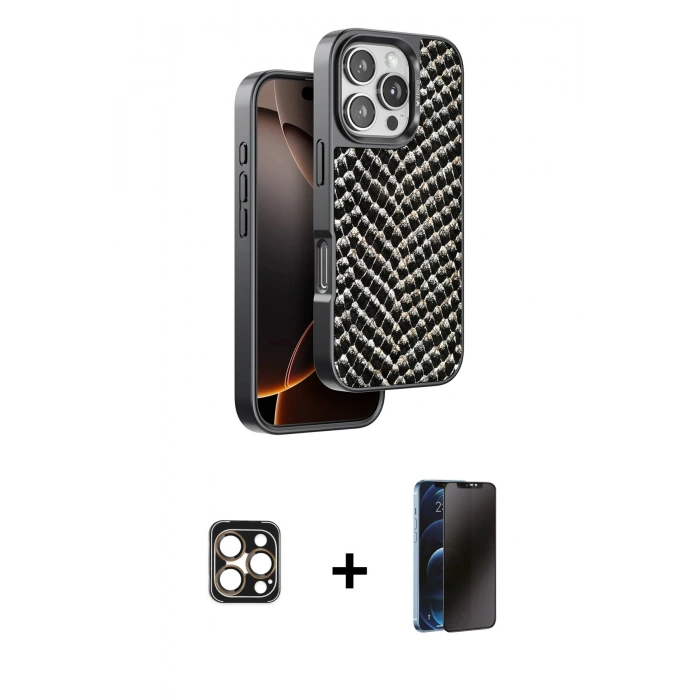 MARSİLYAN™- iPhone 16 Pro Max Kılıf Vadi Özel Seri - Siyah 3D Antistatik Hayalet Cam Ekran Koruyucu + PVD Metal Kamera Lens - GD