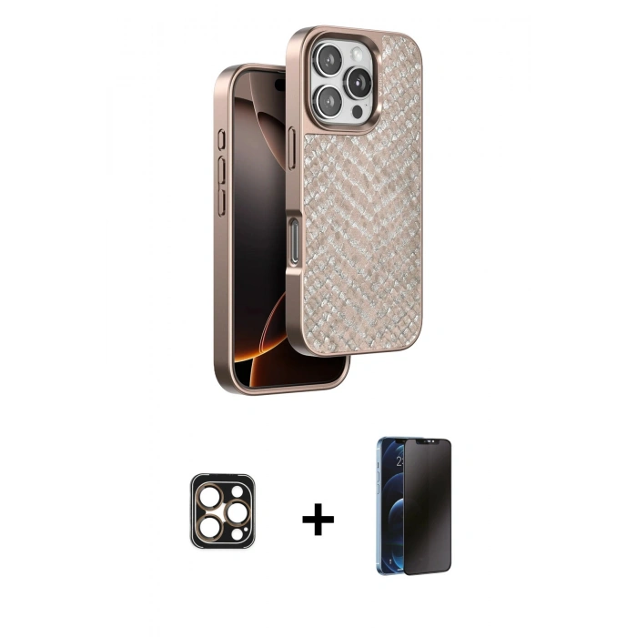 MARSİLYAN™- iPhone 16 Pro Max Kılıf Vadi Özel Seri - Siyah 3D Antistatik Hayalet Cam Ekran Koruyucu + PVD Metal Kamera Lens - GD