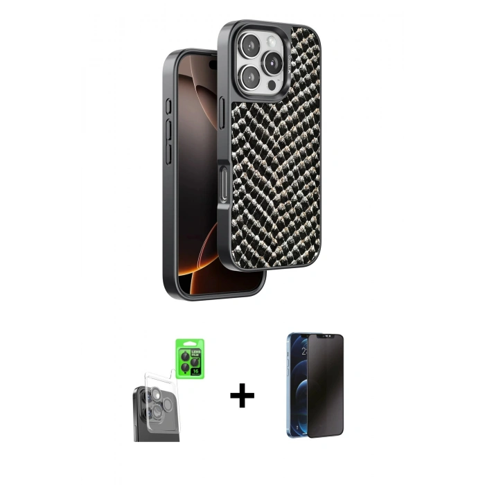 MARSİLYAN™- iPhone 16 Pro Max Kılıf Vadi Özel Seri - Siyah 3D Antistatik Hayalet Cam Ekran Koruyucu + Raze Metal Kamera Lens - SH