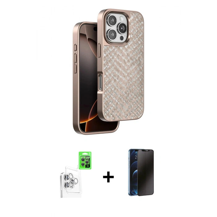 MARSİLYAN™- iPhone 16 Pro Max Kılıf Vadi Özel Seri - Siyah 3D Antistatik Hayalet Cam Ekran Koruyucu + Raze Metal Kamera Lens - BZ