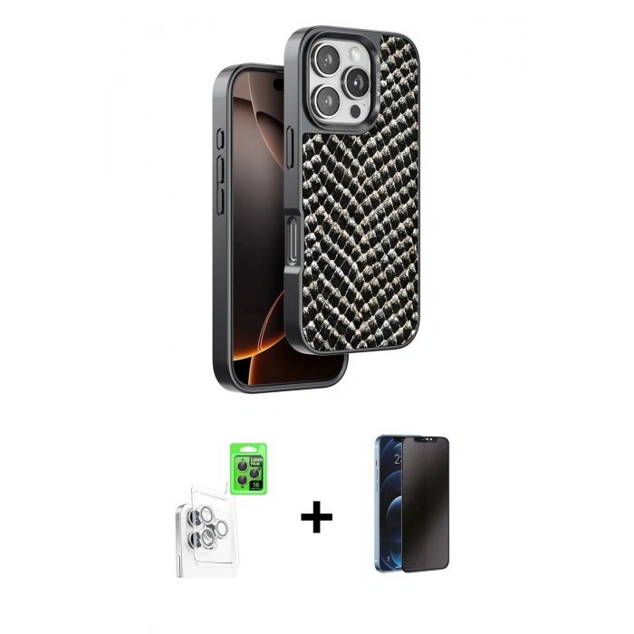 MARSİLYAN™- iPhone 16 Pro Max Kılıf Vadi Özel Seri - Siyah 3D Antistatik Hayalet Cam Ekran Koruyucu + Raze Metal Kamera Lens - BZ