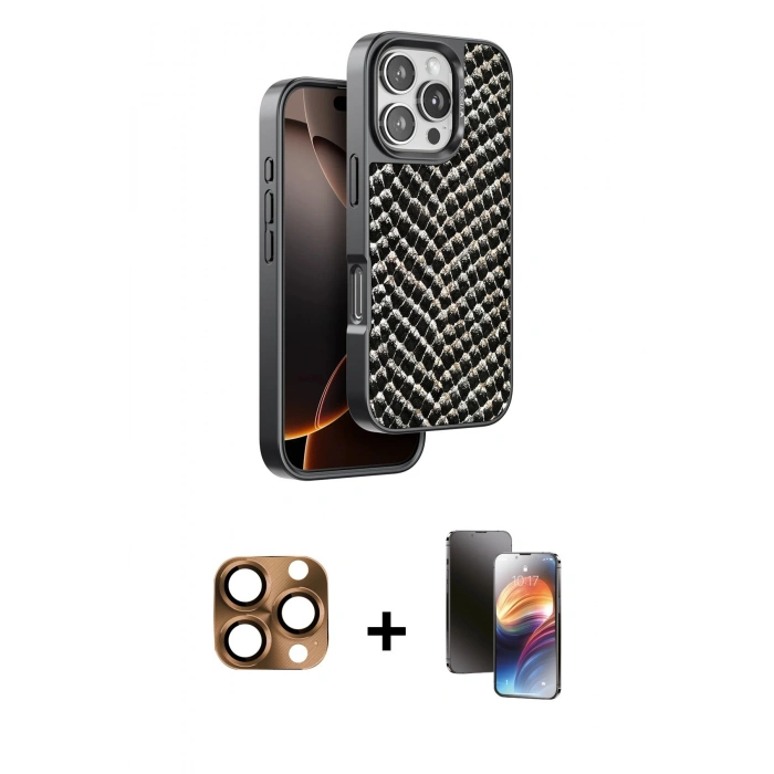 MARSİLYAN™- iPhone 16 Pro Max Kılıf Vadi Özel Seri - Siyah 3D Antistatik Mat Seramik Nano Ekran Koruyucu + Pers Alüminyum Kamera Lens - CLTM