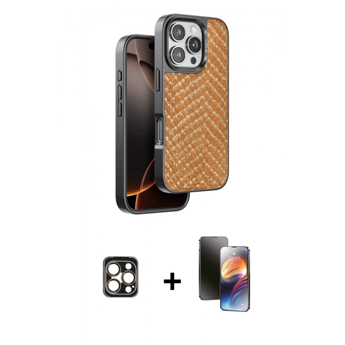 MARSİLYAN™- iPhone 16 Pro Max Kılıf Vadi Özel Seri - Siyah 3D Antistatik Mat Seramik Nano Ekran Koruyucu + Gold PVD Metal Kamera Lens