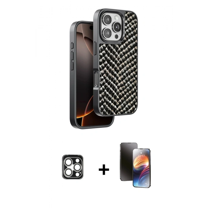 MARSİLYAN™- iPhone 16 Pro Max Kılıf Vadi Özel Seri - Siyah 3D Antistatik Mat Seramik Nano Ekran Koruyucu + PVD Metal Kamera Lens - GS