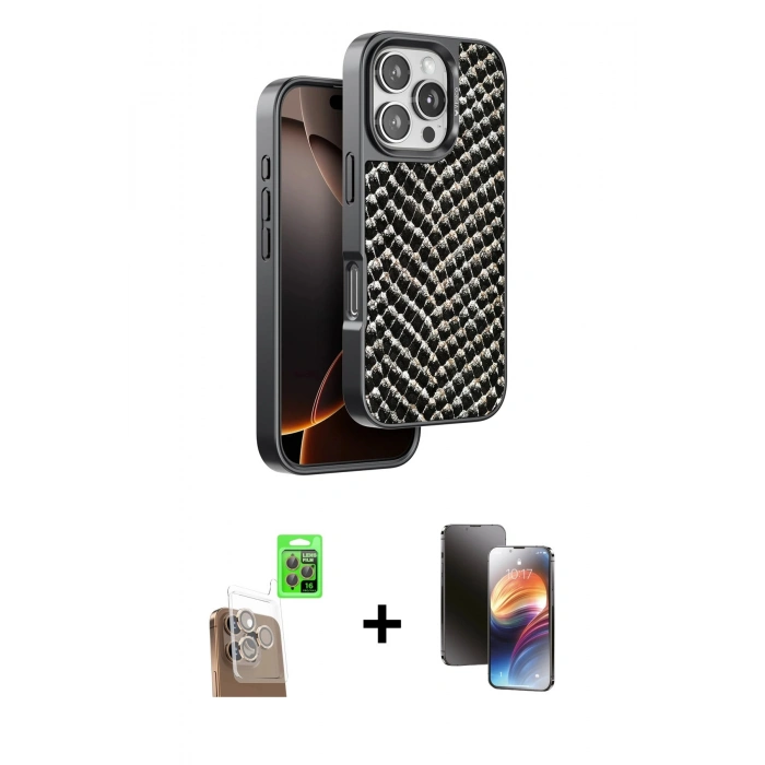 MARSİLYAN™- iPhone 16 Pro Max Kılıf Vadi Özel Seri - Siyah 3D Antistatik Mat Seramik Nano Ekran Koruyucu + Raze Metal Kamera Lens - CLTM