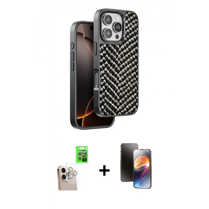 MARSİLYAN™- iPhone 16 Pro Max Kılıf Vadi Özel Seri - Siyah 3D Antistatik Mat Seramik Nano Ekran Koruyucu + Raze Metal Kamera Lens - NLGY