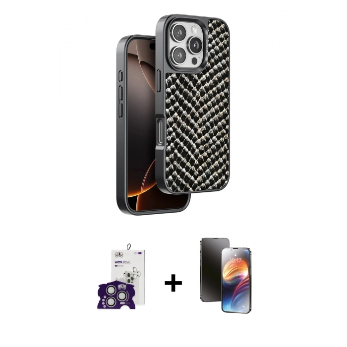 MARSİLYAN™- iPhone 16 Pro Max Kılıf Vadi Özel Seri - Siyah 3D Antistatik Mat Seramik Nano Ekran Koruyucu + Bilvis Titan Kamera Lens - GS
