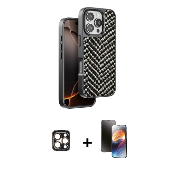 MARSİLYAN™- iPhone 16 Pro Max Kılıf Vadi Özel Seri - Siyah 3D Antistatik Mat Seramik Nano Ekran Koruyucu + Gold PVD Metal Kamera Lens