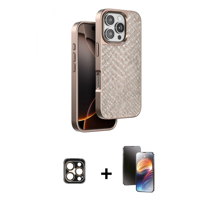 MARSİLYAN™- iPhone 16 Pro Max Kılıf Vadi Özel Seri - Siyah 3D Antistatik Mat Seramik Nano Ekran Koruyucu + Gold PVD Metal Kamera Lens