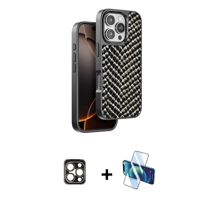 MARSİLYAN™- iPhone 16 Pro Max Kılıf Vadi Özel Seri - Siyah 3D Antistatik Seramik Nano Ekran Koruyucu + PVD Metal Kamera Lens - GD