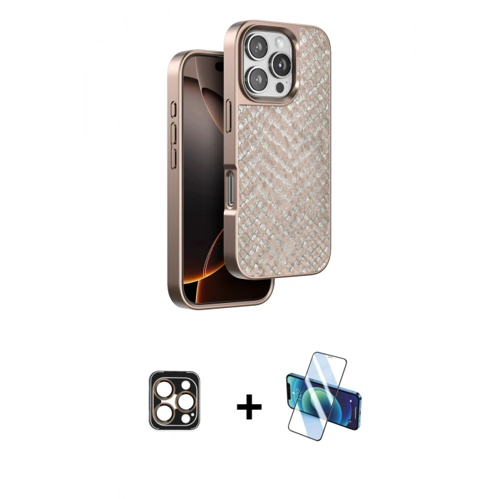 MARSİLYAN™- iPhone 16 Pro Max Kılıf Vadi Özel Seri - Siyah 3D Antistatik Seramik Nano Ekran Koruyucu + PVD Metal Kamera Lens - GD