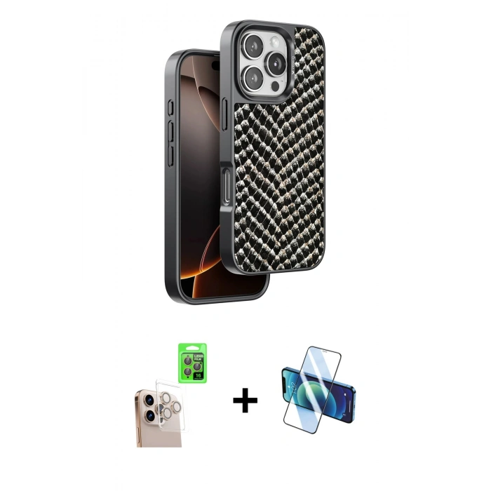 MARSİLYAN™- iPhone 16 Pro Max Kılıf Vadi Özel Seri - Siyah 3D Antistatik Seramik Nano Ekran Koruyucu + Natural Grey Raze Metal Kamera Lens