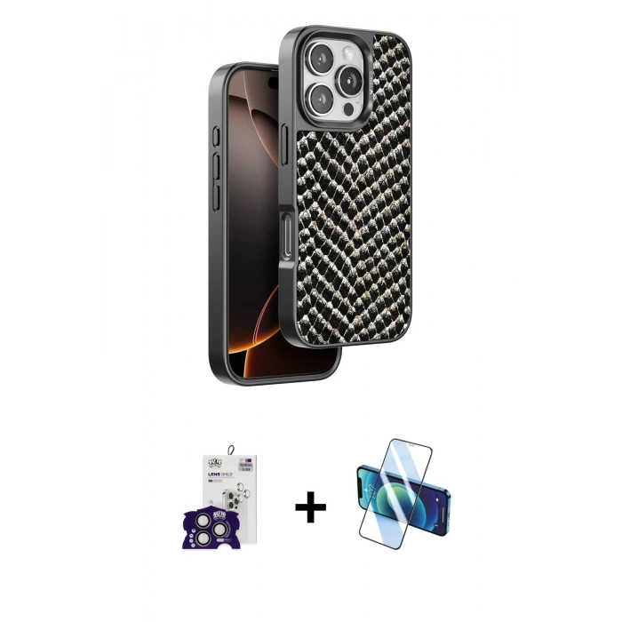MARSİLYAN™- iPhone 16 Pro Max Kılıf Vadi Özel Seri - Siyah 3D Antistatik Seramik Nano Ekran Koruyucu + Titanyum Gri Bilvis Titan Kamera Lens