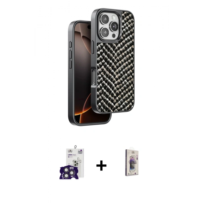 MARSİLYAN™- iPhone 16 Pro Max Kılıf Vadi Özel Seri - Siyah Bilvis 3D Cam Ekran Koruyucu + Bilvis Titan Kamera Lens - TMGI