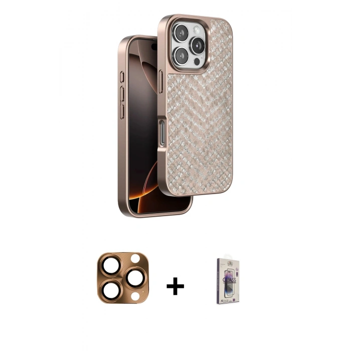 MARSİLYAN™- iPhone 16 Pro Max Kılıf Vadi Özel Seri - Siyah Bilvis 3D Cam Ekran Koruyucu + Çöl Titanyum Pers Alüminyum Kamera Lens