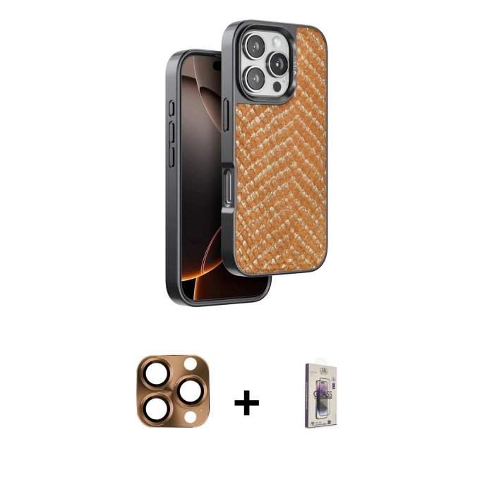 MARSİLYAN™- iPhone 16 Pro Max Kılıf Vadi Özel Seri - Siyah Bilvis 3D Cam Ekran Koruyucu + Çöl Titanyum Pers Alüminyum Kamera Lens