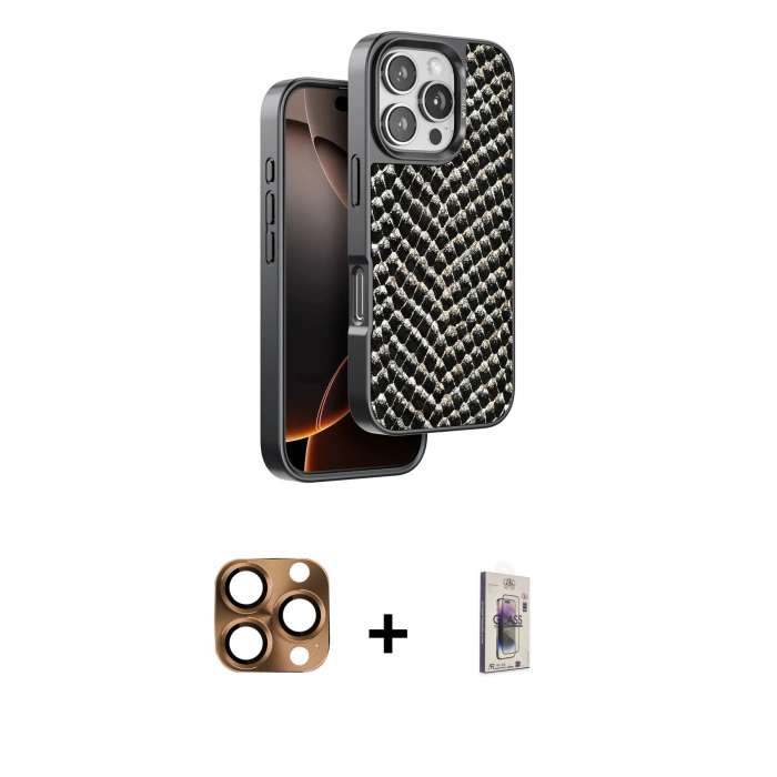 MARSİLYAN™- iPhone 16 Pro Max Kılıf Vadi Özel Seri - Siyah Bilvis 3D Cam Ekran Koruyucu + Çöl Titanyum Pers Alüminyum Kamera Lens