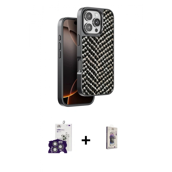 MARSİLYAN™- iPhone 16 Pro Max Kılıf Vadi Özel Seri - Siyah Bilvis 3D Cam Ekran Koruyucu + Bilvis Titan Kamera Lens - GS