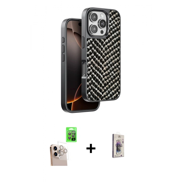 MARSİLYAN™- iPhone 16 Pro Max Kılıf Vadi Özel Seri - Siyah Bilvis 3D Cam Ekran Koruyucu + Natural Grey Raze Metal Kamera Lens