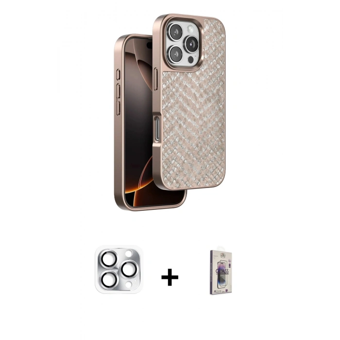 MARSİLYAN™- iPhone 16 Pro Max Kılıf Vadi Özel Seri - Siyah Bilvis 3D Cam Ekran Koruyucu + Pers Alüminyum Kamera Lens - GS