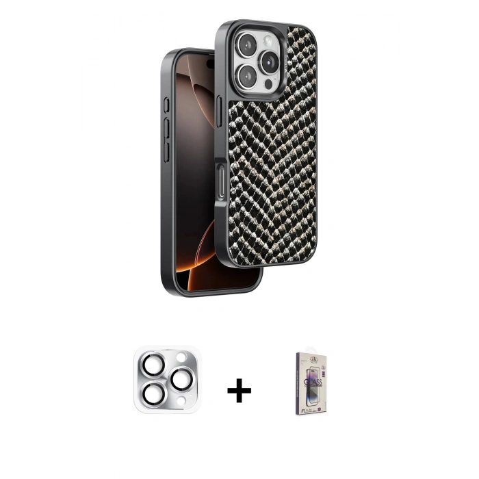 MARSİLYAN™- iPhone 16 Pro Max Kılıf Vadi Özel Seri - Siyah Bilvis 3D Cam Ekran Koruyucu + Pers Alüminyum Kamera Lens - GS
