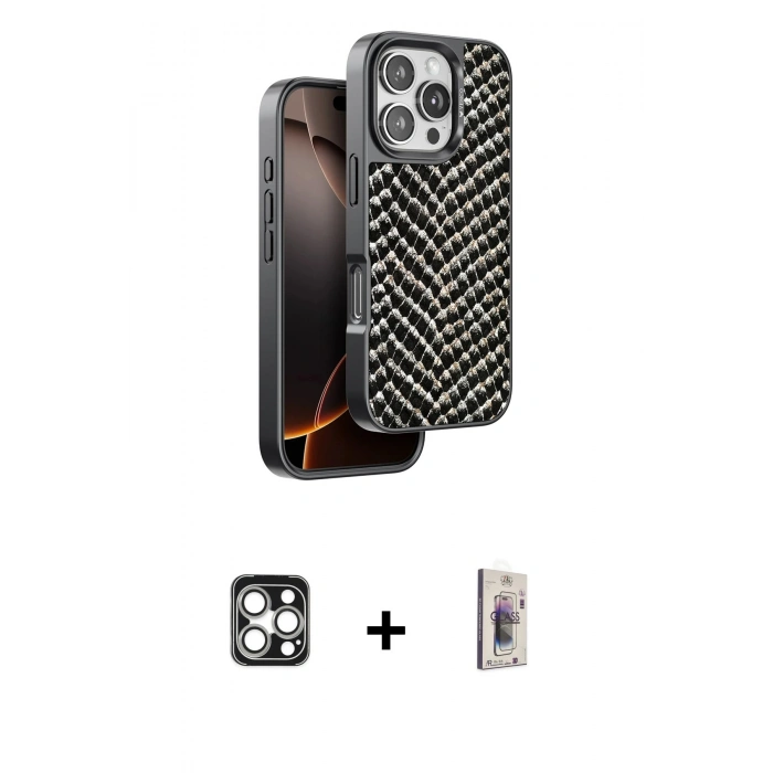 MARSİLYAN™- iPhone 16 Pro Max Kılıf Vadi Özel Seri - Siyah Bilvis 3D Cam Ekran Koruyucu + PVD Metal Kamera Lens - GS