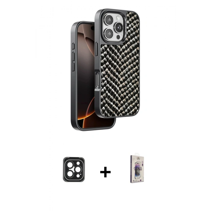 MARSİLYAN™- iPhone 16 Pro Max Kılıf Vadi Özel Seri - Siyah Bilvis 3D Cam Ekran Koruyucu + PVD Metal Kamera Lens - SH