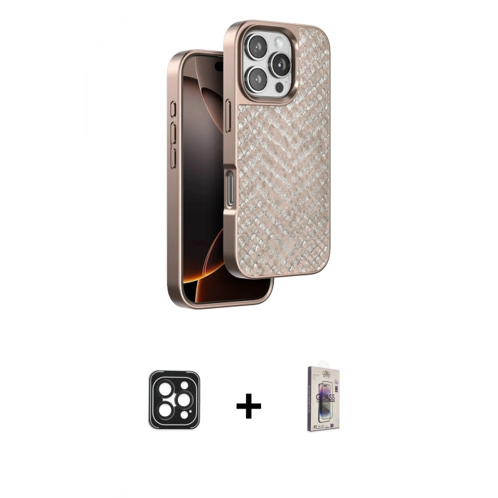 MARSİLYAN™- iPhone 16 Pro Max Kılıf Vadi Özel Seri - Siyah Bilvis 3D Cam Ekran Koruyucu + PVD Metal Kamera Lens - SH