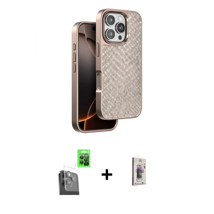 MARSİLYAN™- iPhone 16 Pro Max Kılıf Vadi Özel Seri - Siyah Bilvis 3D Cam Ekran Koruyucu + Raze Metal Kamera Lens - SH